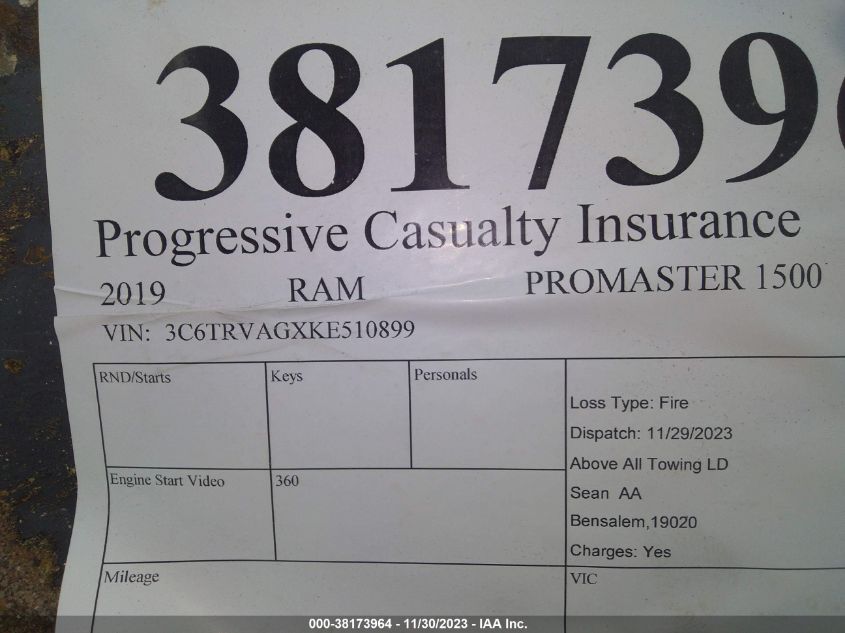 2019 RAM PROMASTER 1500 LOW ROOF 136" WB - 3C6TRVAGXKE510899