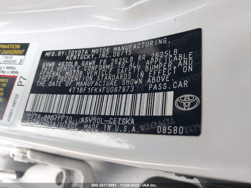 2015 TOYOTA CAMRY LE/XLE/SE/XSE - 4T1BF1FK4FU087873