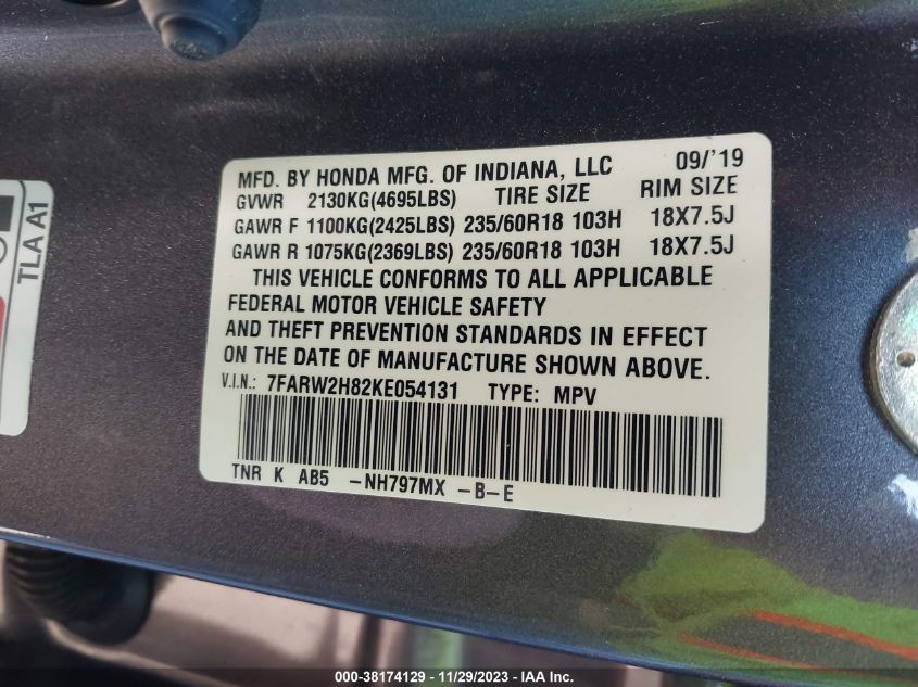 2019 HONDA CR-V EXL - 7FARW2H82KE054131