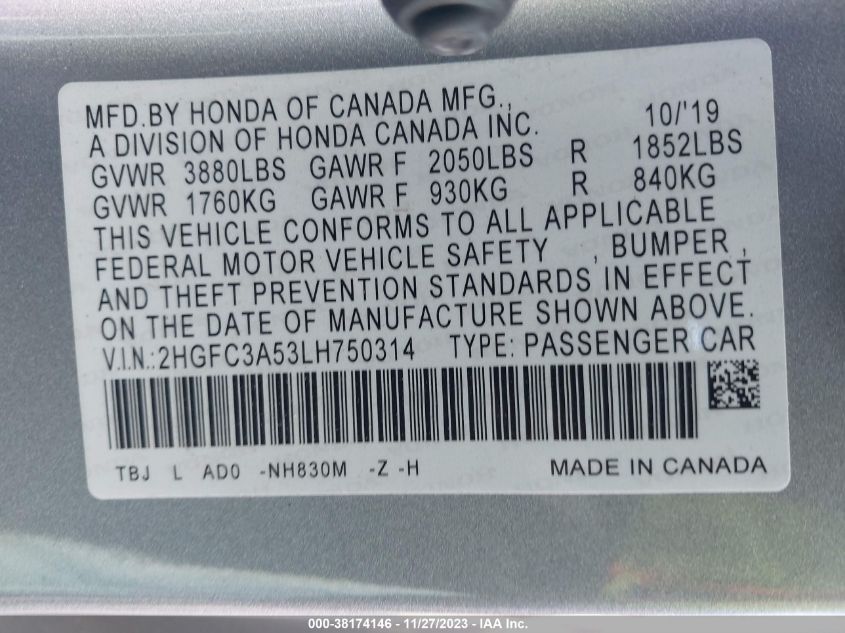 2020 HONDA CIVIC SI 2HGFC3A53LH750314
