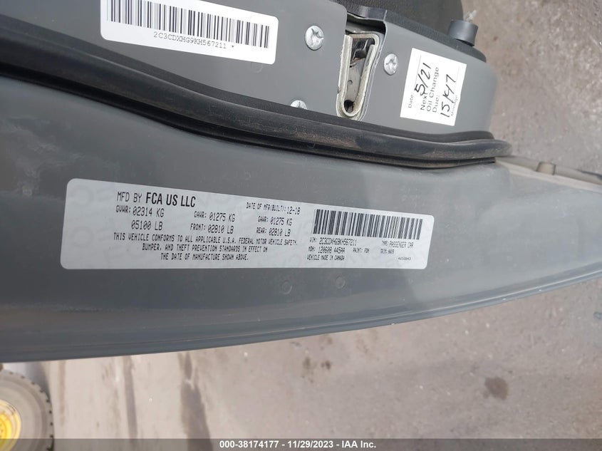 VIN 2C3CDXHG9KH567211 2019 DODGE CHARGER GT RWD