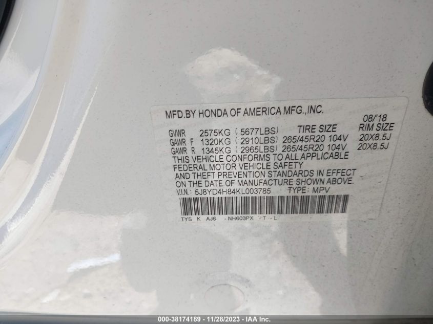 2019 ACURA MDX ADVANCE PKG - 5J8YD4H84KL003785