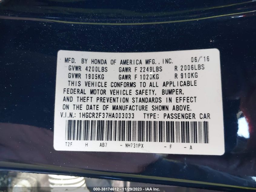 2017 HONDA ACCORD LX - 1HGCR2F37HA003033