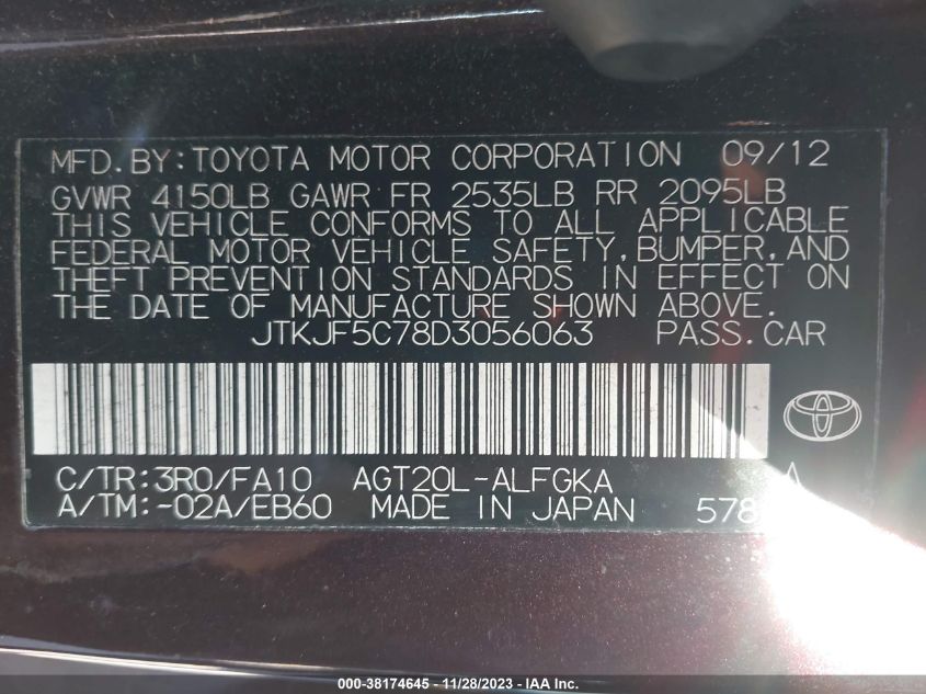 2013 TOYOTA SCION TC JTKJF5C78D3056063
