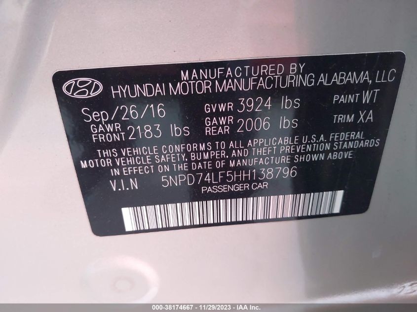 2017 HYUNDAI ELANTRA SE - 5NPD74LF5HH138796