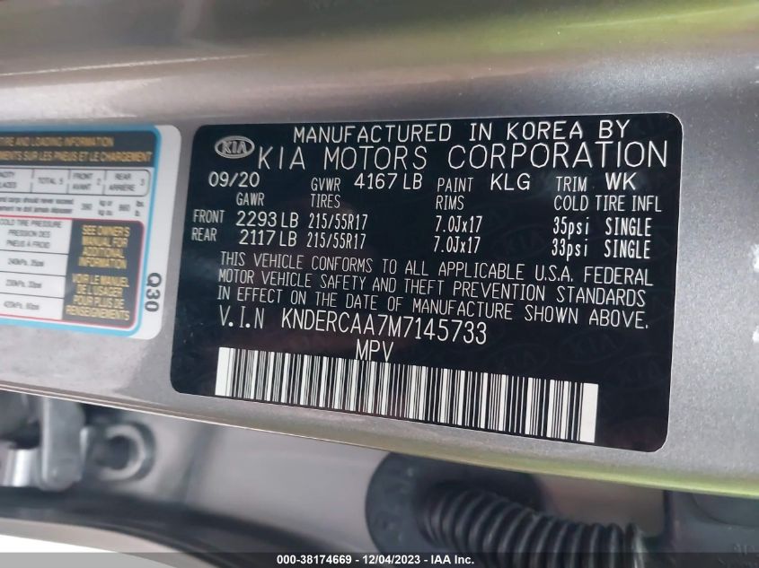 VIN KNDERCAA7M7145733 2021 KIA SELTOS EX