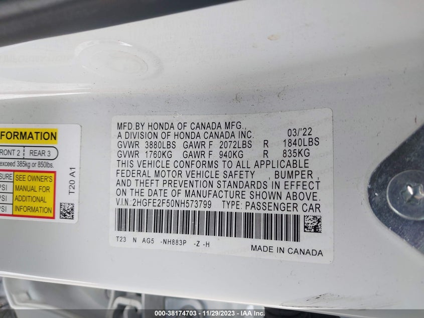 VIN 2HGFE2F50NH573799 2022 HONDA CIVIC SPORT