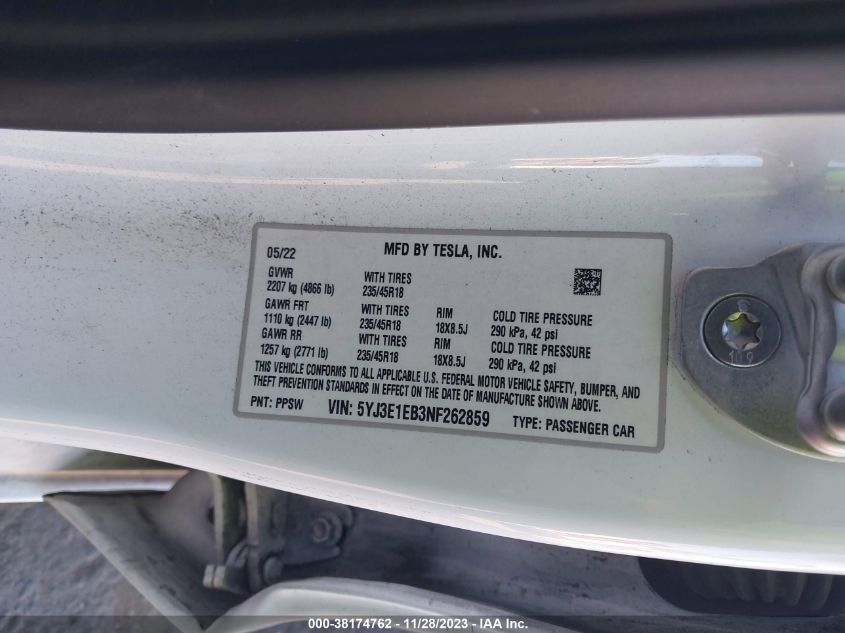 2022 TESLA MODEL 3 - 5YJ3E1EB3NF262859