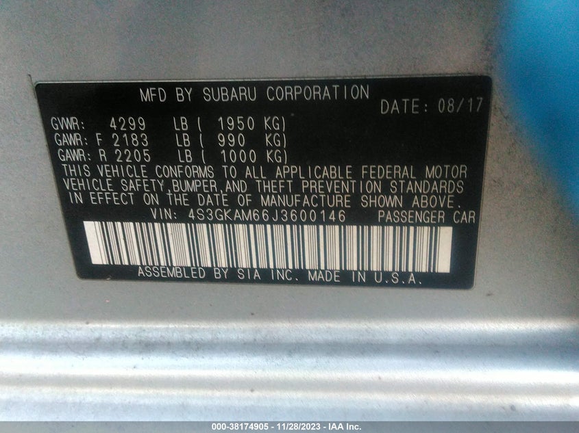 VIN 4S3GKAM66J3600146 2018 SUBARU IMPREZA SPORT