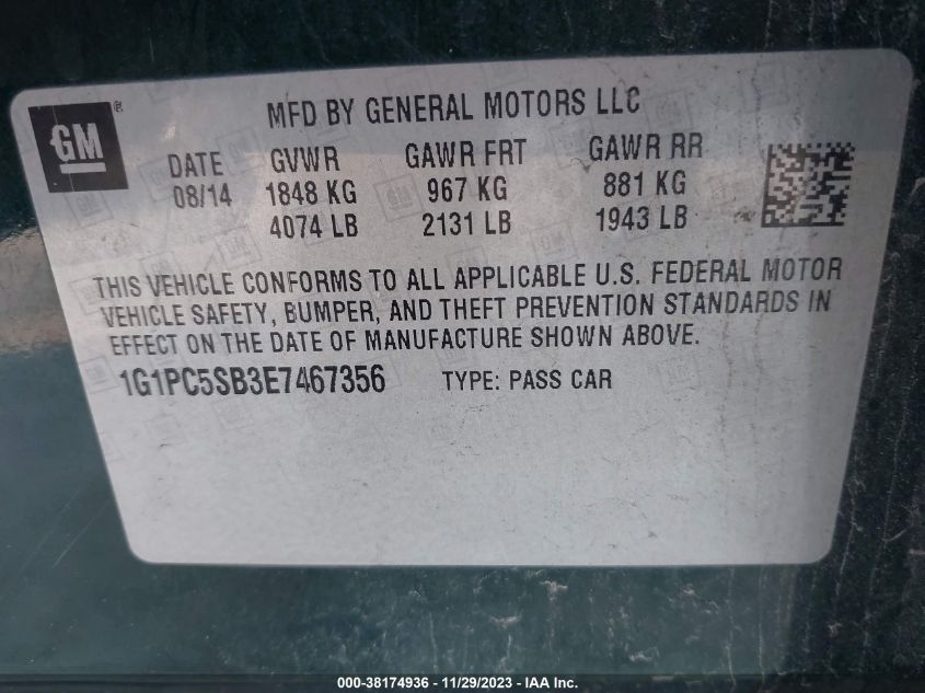 2014 CHEVROLET CRUZE 1LT AUTO - 1G1PC5SB3E7467356