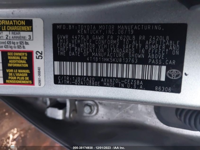 2019 TOYOTA CAMRY L/LE/XLE/SE/XSE - 4T1B11HK5KU813763