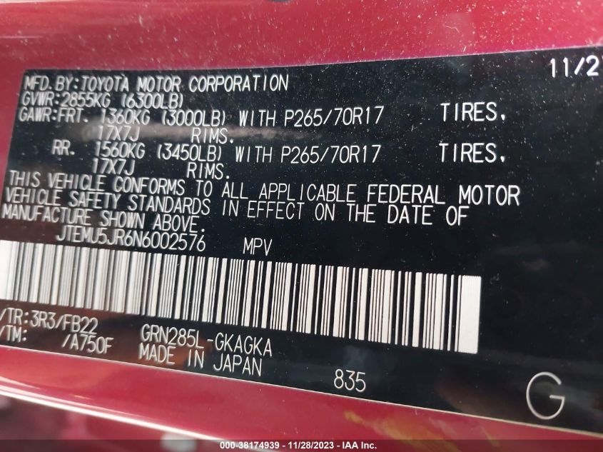 2022 TOYOTA 4RUNNER SR5 - JTEMU5JR6N6002576