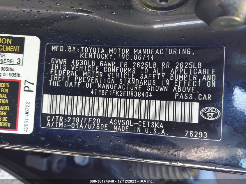 2014 TOYOTA CAMRY L/LE/XLE/SE/SE SPORT - 4T1BF1FK2EU838404