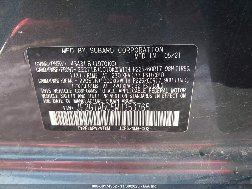 VIN JF2GTABC5MH353765 2021 SUBARU CROSSTREK