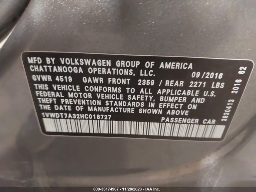 2017 VOLKSWAGEN PASSAT R-LINE - 1VWDT7A32HC018727
