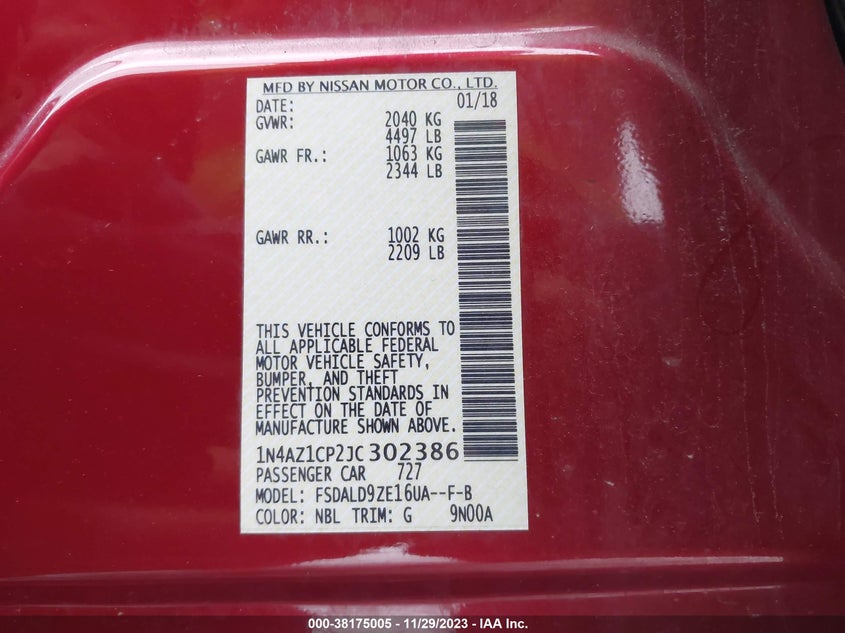 VIN 1N4AZ1CP2JC302386 2018 NISSAN LEAF SV