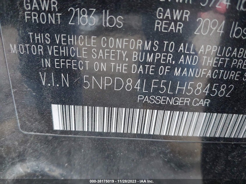 VIN 5NPD84LF5LH584582 2020 HYUNDAI ELANTRA SEL/VALUE/LIMITED