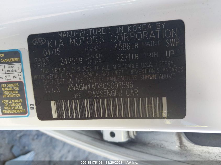 2016 KIA OPTIMA HYBRID - KNAGM4AD8G5093596