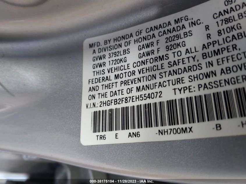 2014 HONDA CIVIC EX - 2HGFB2F87EH554072