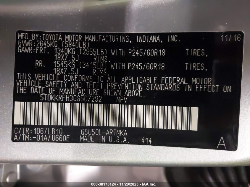 2016 TOYOTA HIGHLANDER XLE - 5TDKKRFH3GS507292