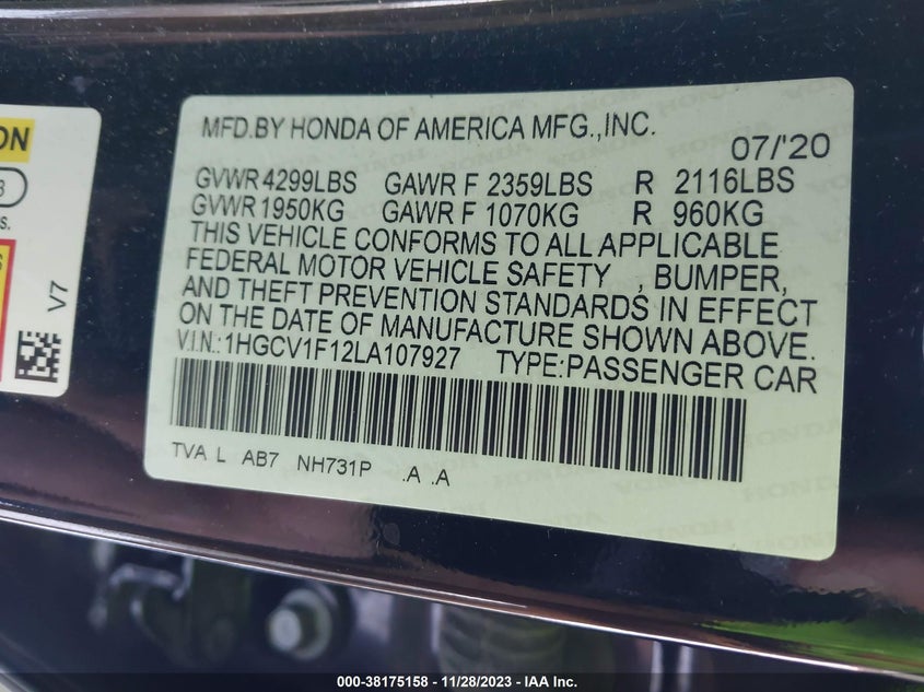 VIN 1HGCV1F12LA107927 2020 HONDA ACCORD LX
