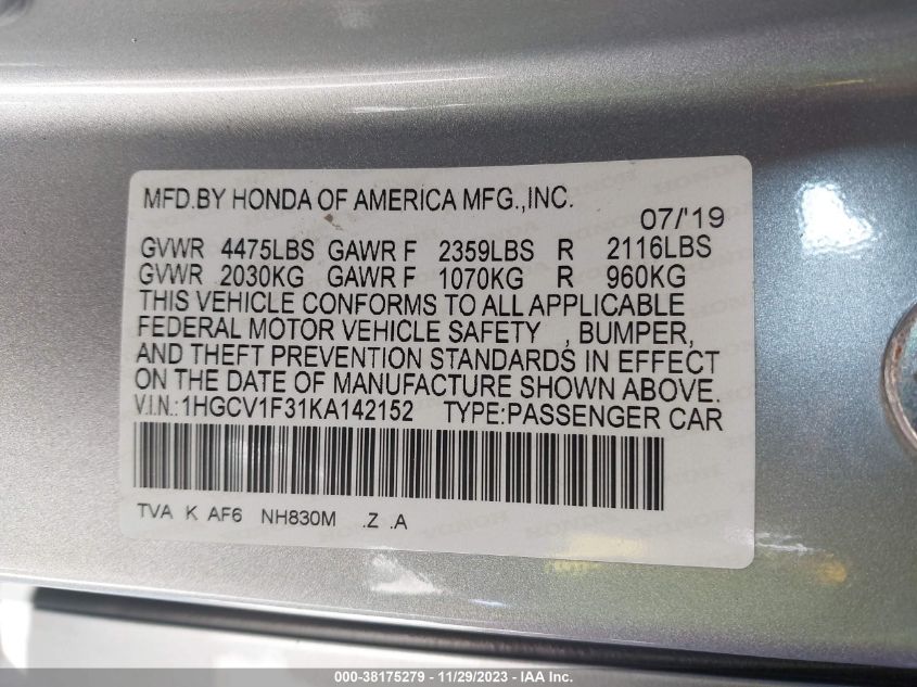 2019 HONDA ACCORD SPORT - 1HGCV1F31KA142152