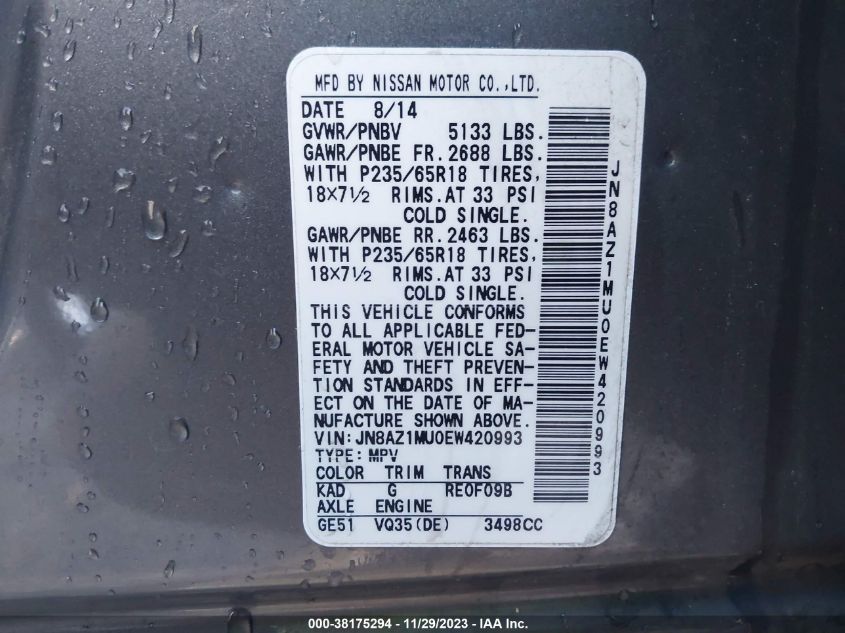 2014 NISSAN MURANO S - JN8AZ1MU0EW420993