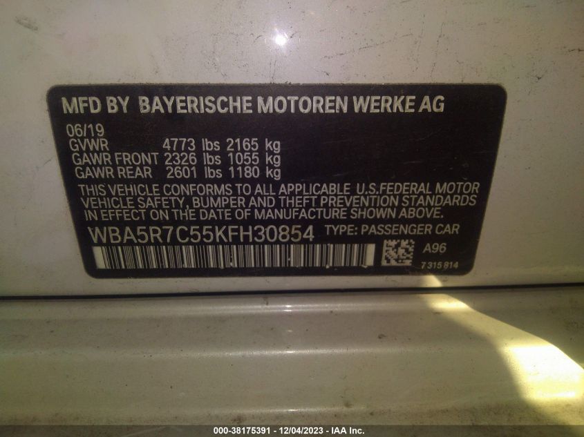 2019 BMW 330I XDRIVE WBA5R7C55KFH30854