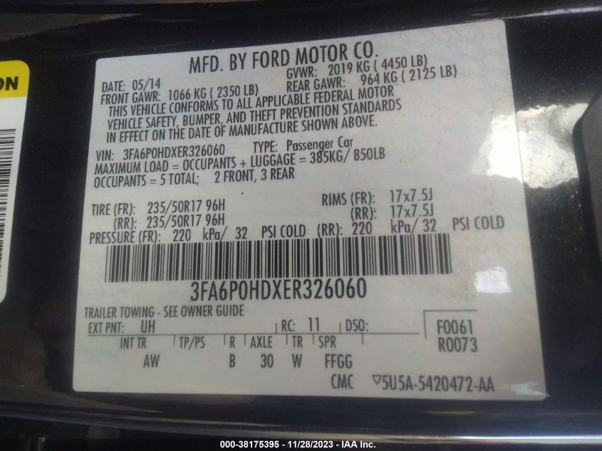 2014 FORD FUSION SE - 3FA6P0HDXER326060