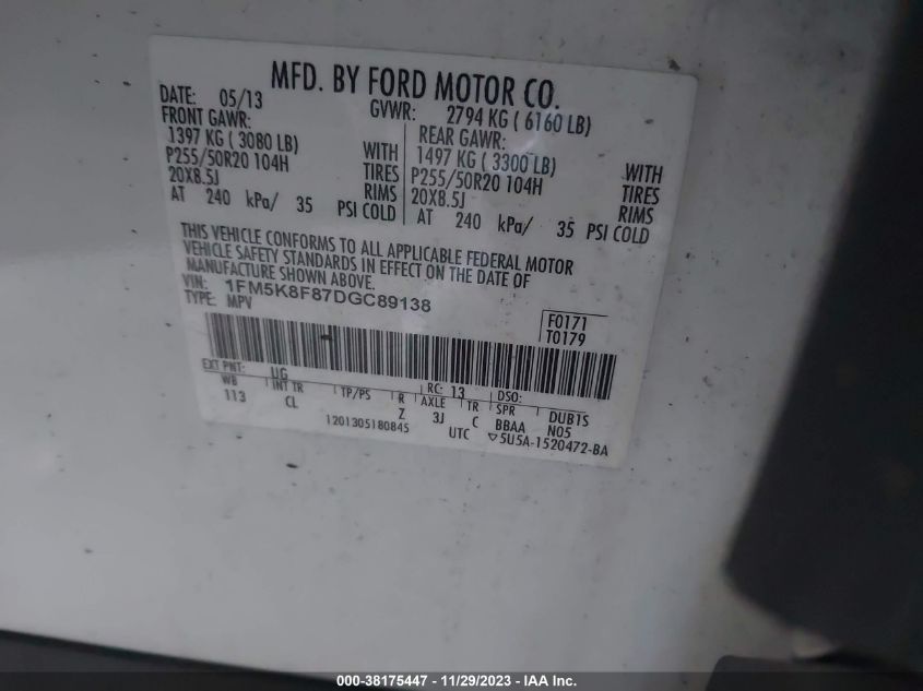 2013 FORD EXPLORER LIMITED - 1FM5K8F87DGC89138