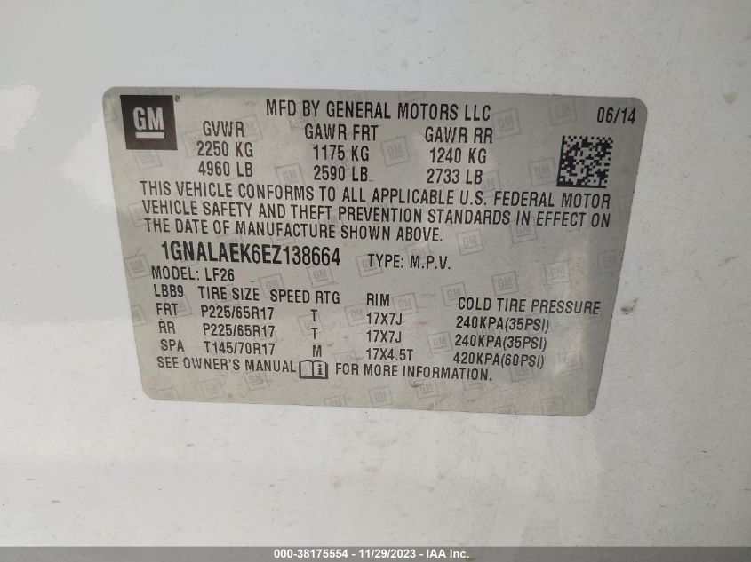 2014 CHEVROLET EQUINOX LS - 1GNALAEK6EZ138664