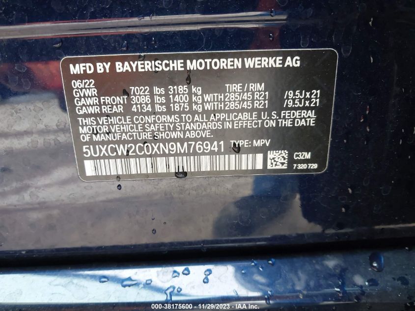 2022 BMW X7 XDRIVE40I 5UXCW2C0XN9M76941