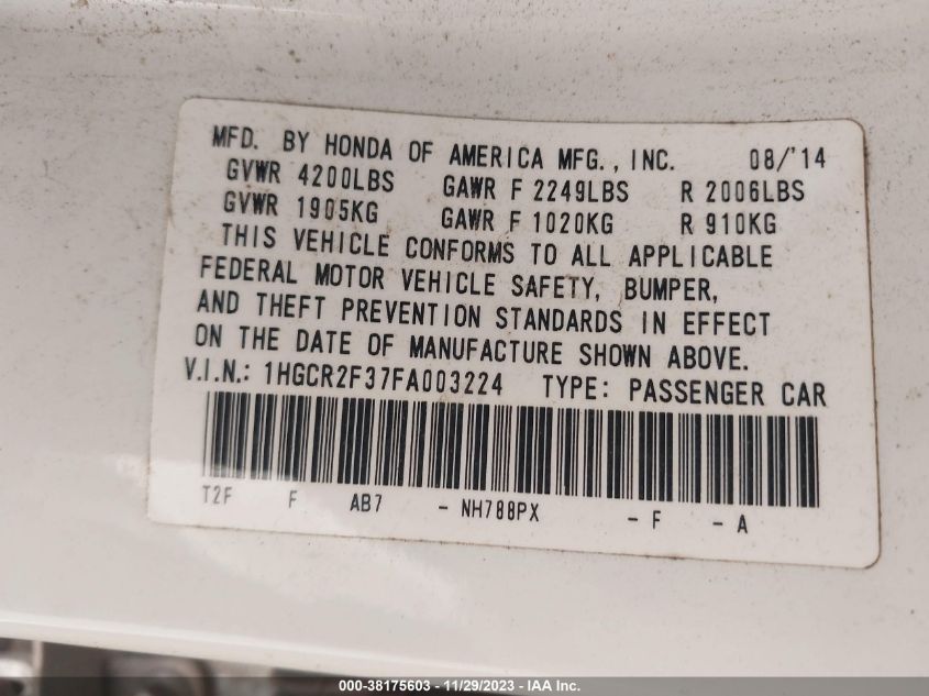 2015 HONDA ACCORD LX - 1HGCR2F37FA003224
