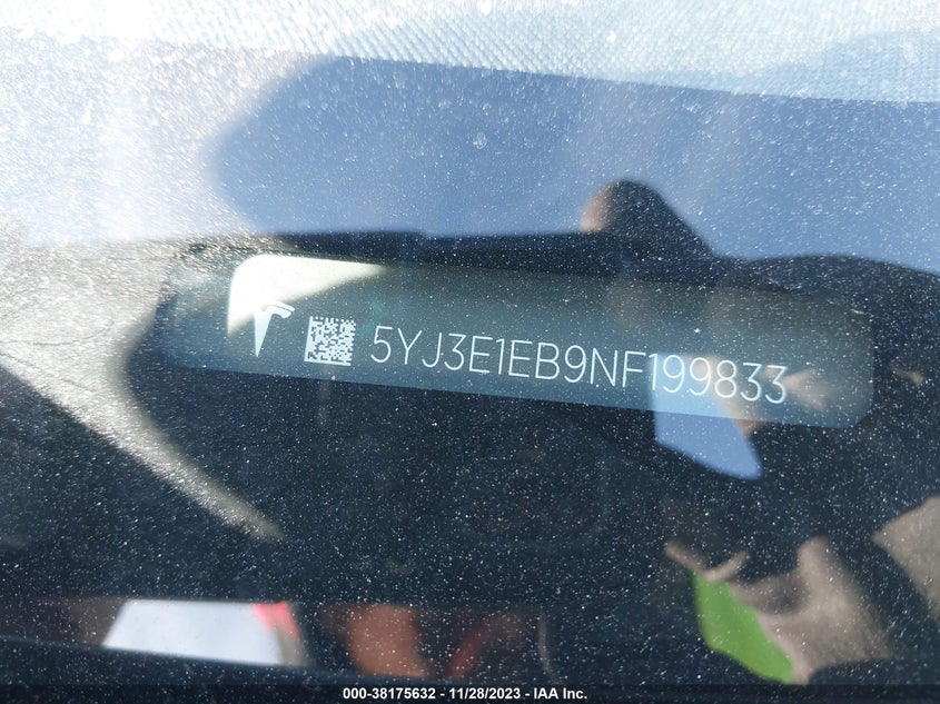 VIN 5YJ3E1EB9NF199833 2022 TESLA MODEL 3