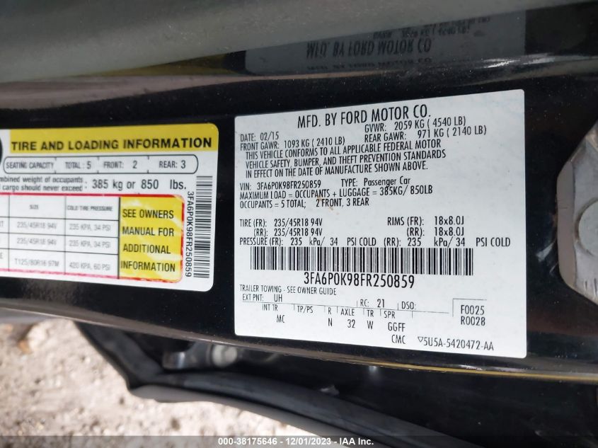2015 FORD FUSION TITANIUM - 3FA6P0K98FR250859