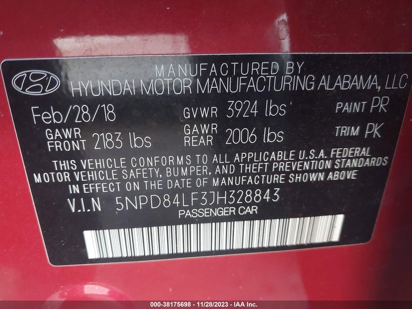 VIN 5NPD84LF3JH328843 2018 HYUNDAI ELANTRA SEL/VALUE/LIMITED