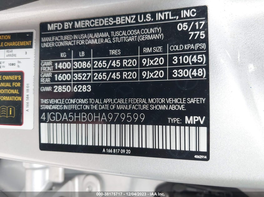 VIN 4JGDA5HB0HA979599 2017 MERCEDES-BENZ GLE 350 4MATIC