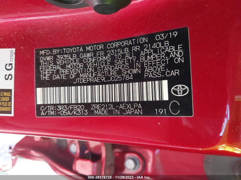 VIN JTDEPRAE9LJ025784 2020 TOYOTA COROLLA LE