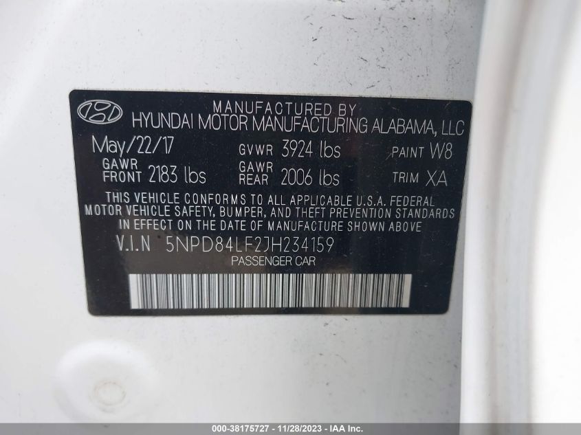 2018 HYUNDAI ELANTRA SEL/VALUE/LIMITED - 5NPD84LF2JH234159