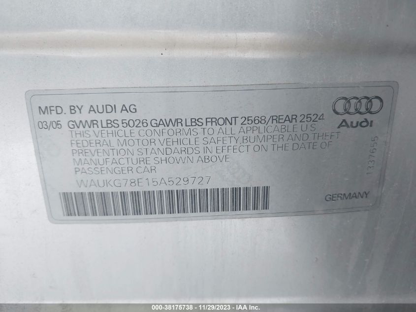 WAUKG78E15A529727 | 2005 AUDI A4