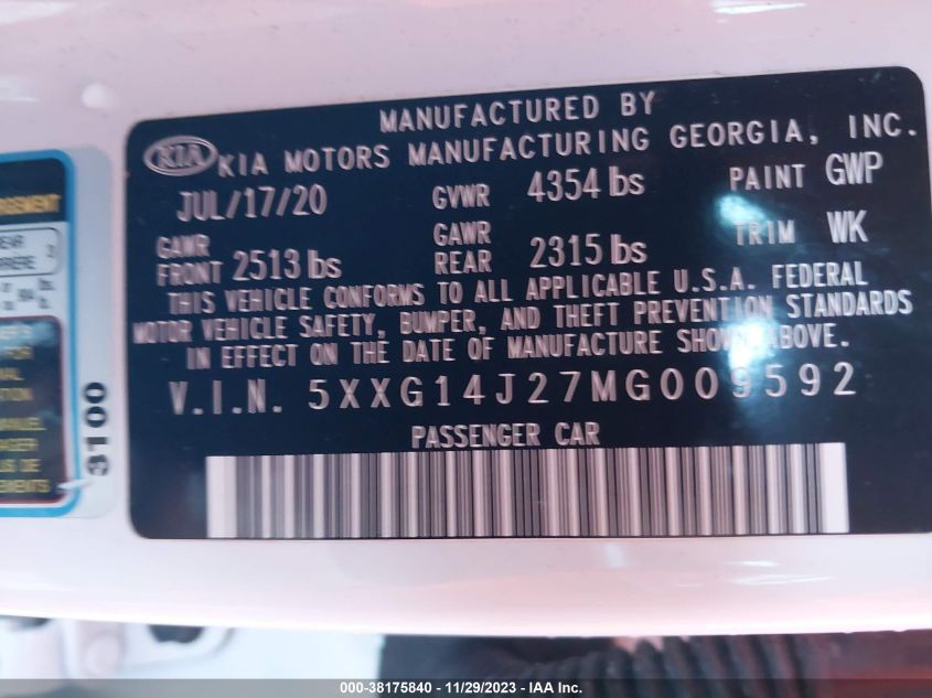 2021 KIA K5 LXS - 5XXG14J27MG009592