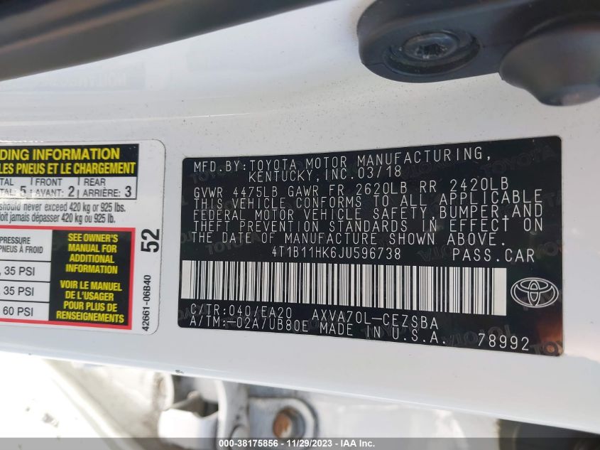 2018 TOYOTA CAMRY L/LE/XLE/SE/XSE - 4T1B11HK6JU596738