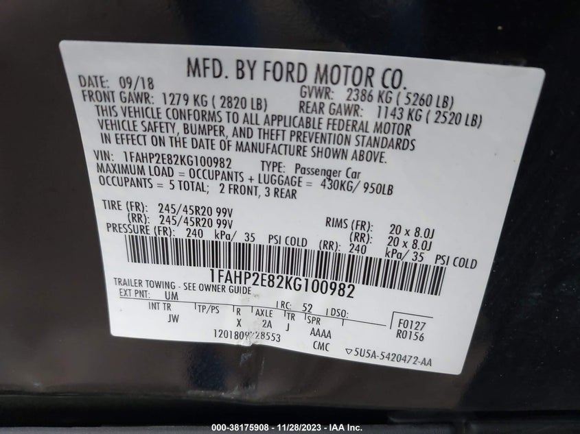 VIN 1FAHP2E82KG100982 2019 FORD TAURUS SEL