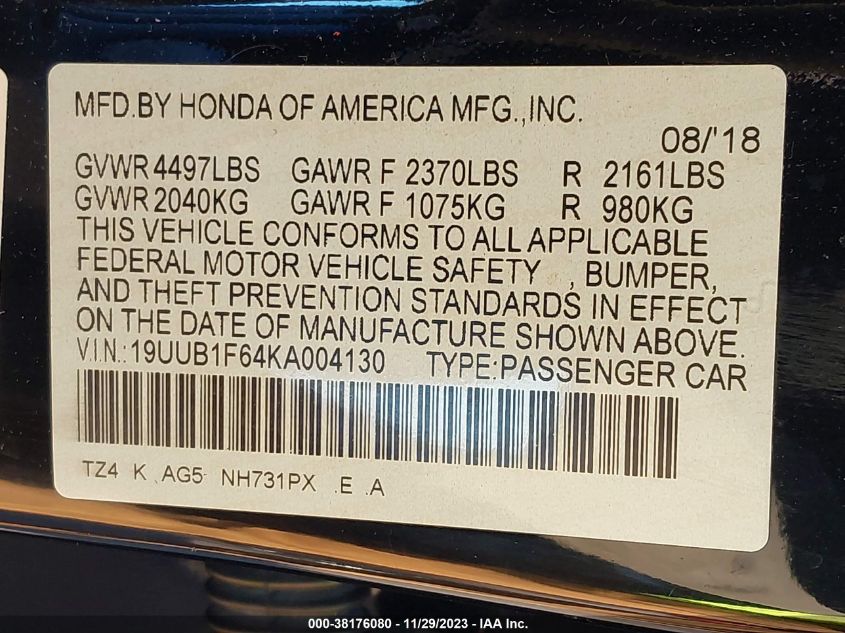 2019 ACURA TLX TECHNOLOGY/A-SPEC - 19UUB1F64KA004130