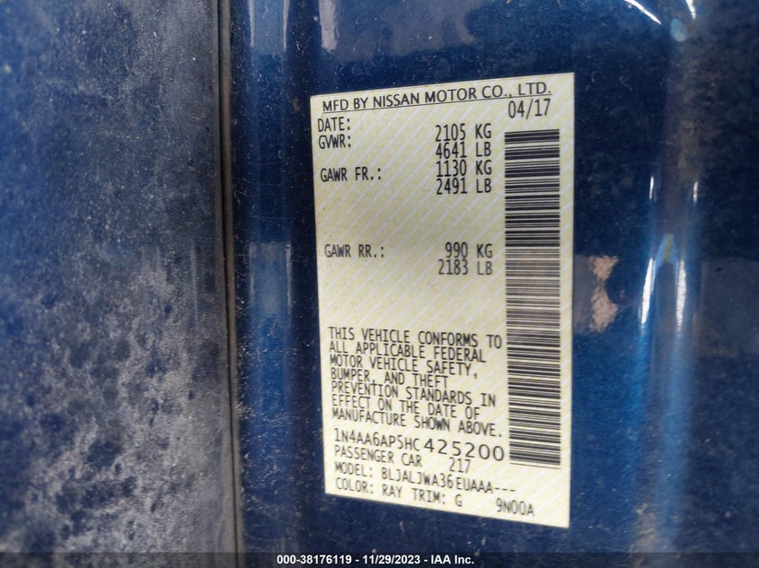 VIN 1N4AA6AP5HC425200 2017 NISSAN MAXIMA 3.5S/SV/SL/SR/PLAT
