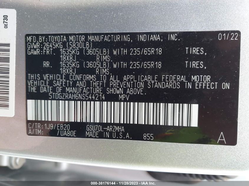 2022 TOYOTA HIGHLANDER XLE - 5TDGZRAH6NS544214