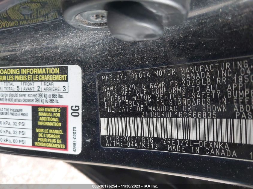 2016 TOYOTA COROLLA LE - 2T1BURHE1GC666835