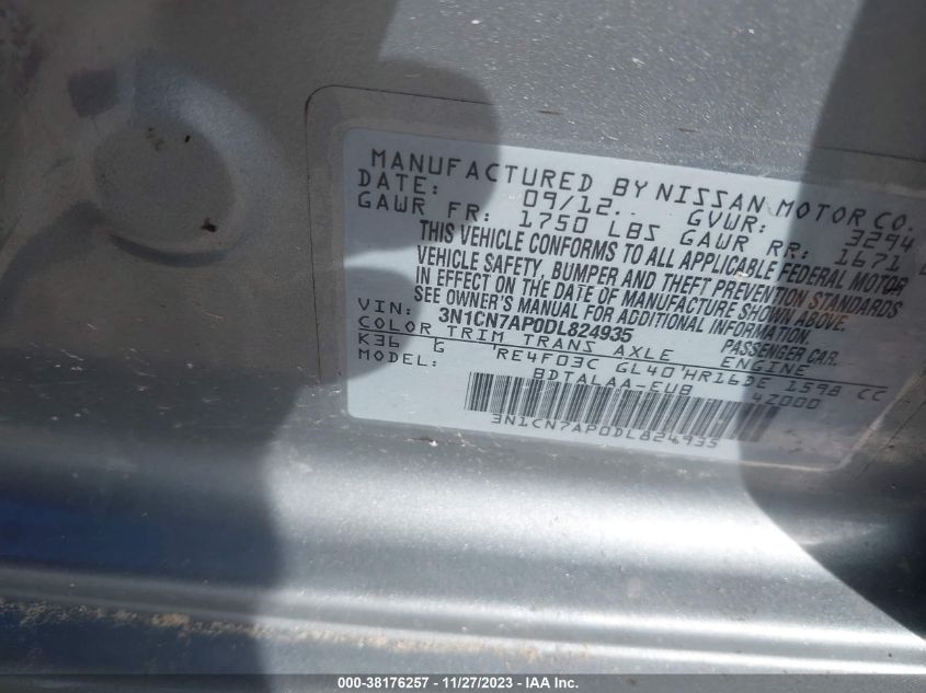2013 NISSAN VERSA 1.6 S - 3N1CN7AP0DL824935