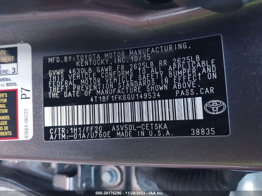2016 TOYOTA CAMRY LE/XLE/SE/XSE - 4T1BF1FK6GU149534