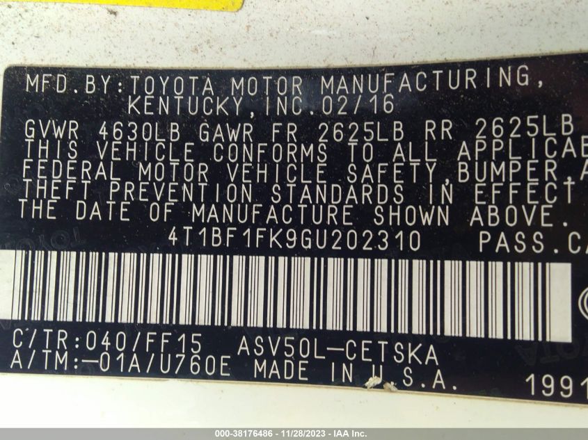 2016 TOYOTA CAMRY XLE/SE/LE/XSE - 4T1BF1FK9GU202310